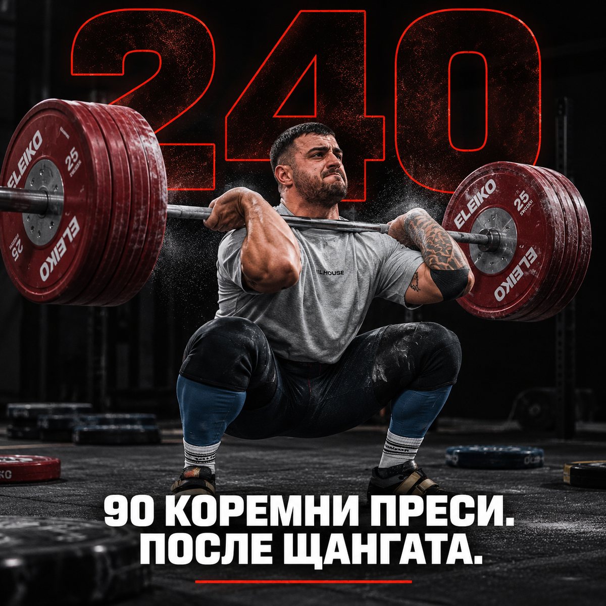 240 килограма преден клек. 90 коремни преси, после щангата.